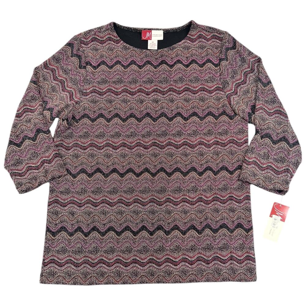 NWT JM Collection Textured Zigzag Glittery Knit Top Burgundy Black - M